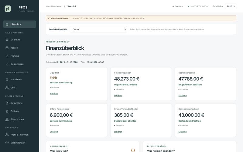 Finanzüberblick der Anwendung mit synthetischen Beispieldaten